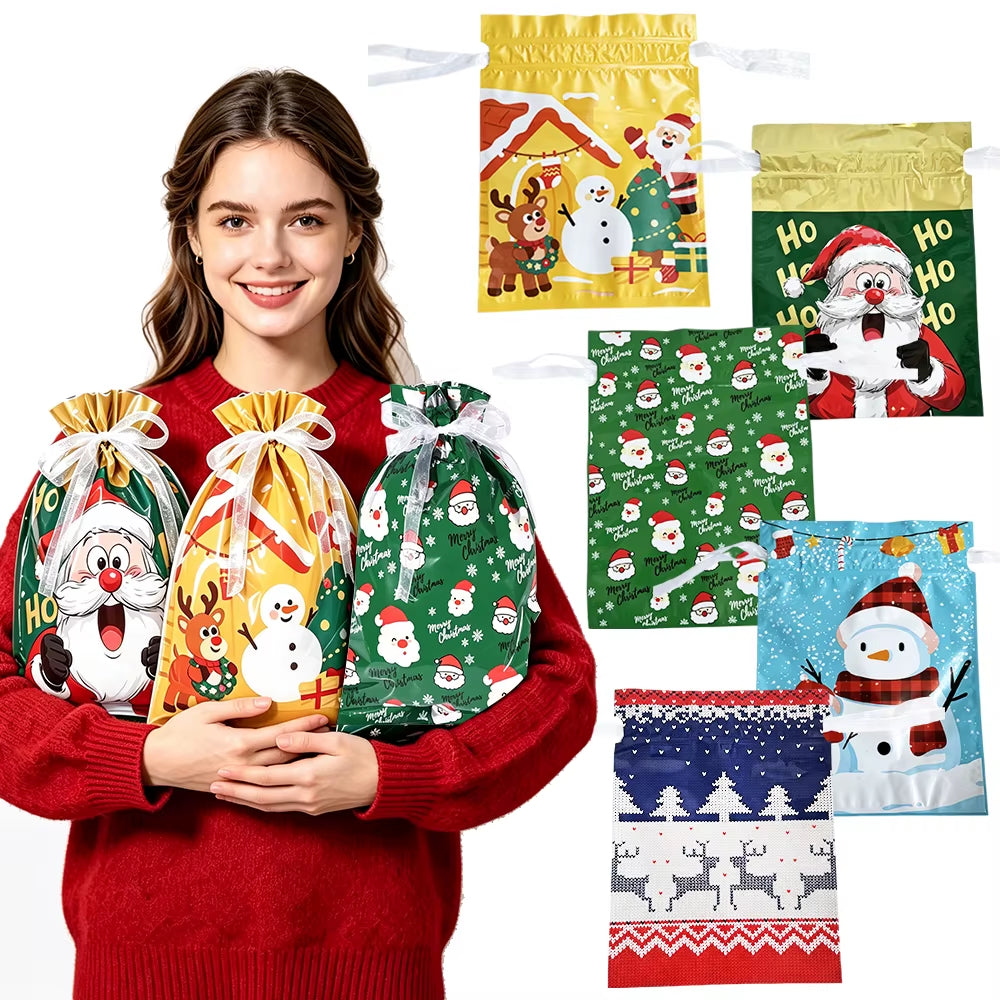 5/10/30/50Pcs Christmas Gift Bag Xmas Drawstring Wrapping Candy Presents Treat Bag Foil Box Christmas Party Favor Supplies