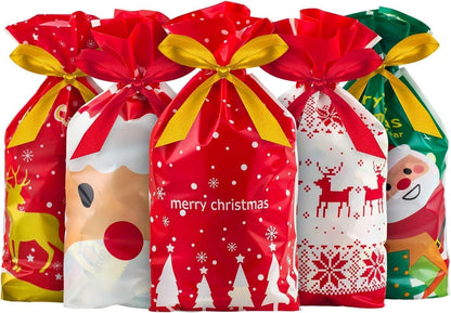50 PCS Christmas Candy Bag Christmas Treat Bags Candy Goodies Plastic Drawstring Gift Bags Merry Christmas Treat Bags for Birthday Party Snack Wrapping Wedding Gift Party Favor Merry X-Mas
