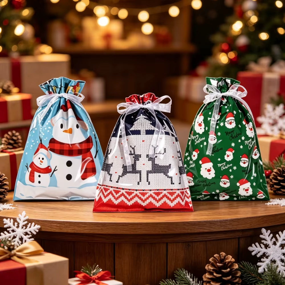5/10/30/50Pcs Christmas Gift Bag Xmas Drawstring Wrapping Candy Presents Treat Bag Foil Box Christmas Party Favor Supplies