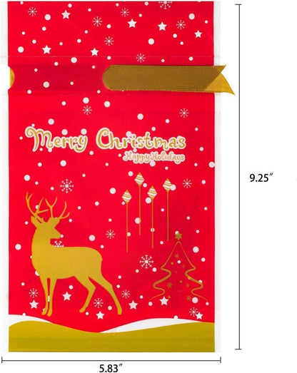 50 PCS Christmas Candy Bag Christmas Treat Bags Candy Goodies Plastic Drawstring Gift Bags Merry Christmas Treat Bags for Birthday Party Snack Wrapping Wedding Gift Party Favor Merry X-Mas